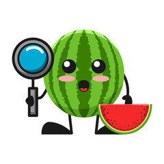 vector illustration of cute watermelon fruit or character holding magnifying glass. cute watermelon fruit Concept White Isolated. Flat Cartoon Style Suitable for Landing Page, Banner, Flyer, Sticker.