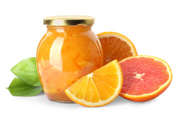 Delicious orange marmalade in glass jar and fresh fruits on white background