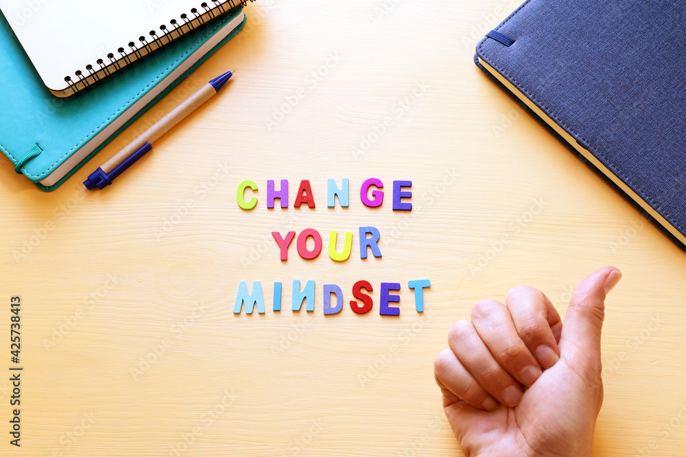 Poster concept image with change your mindset text. top view of office table
