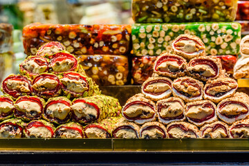 Turkish delight and different sweets for sale at the bazaar in Turkey