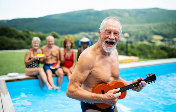 Group of cheerful seniors by swimming pool outdoors in backyard, party concept.