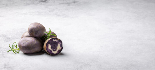 Raw purple potatoes on gray background. Copy space.