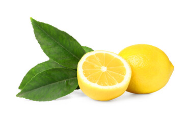 Fresh ripe juicy lemons with leaves on white background