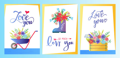 Floral card invitation design, vector illustration. Spring gardening background, greeting poster with flower set. Poster with cartoon frame