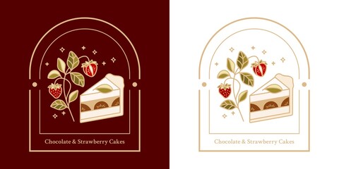 Hand drawn vintage cake, pastry, bakery logo, label, food product elements with strawberry, leaf branch and frame