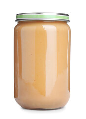 Delicious peanut butter in glass jar isolated on white
