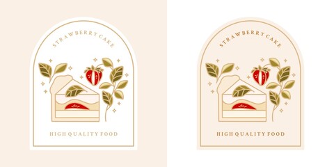 Hand drawn vintage cake, pastry, bakery logo, label, food product elements with strawberry, leaf branch and frame