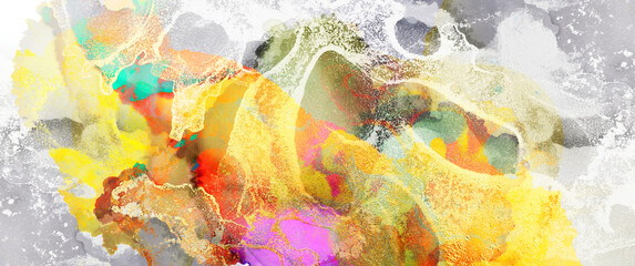 art photography of abstract fluid painting with alcohol ink, yellow, orange and gold colors