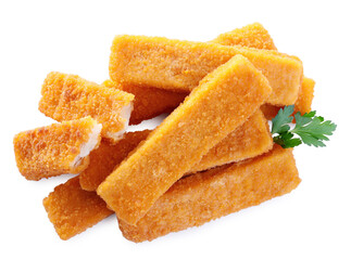 Tasty fresh fish fingers with parsley on white background, top view