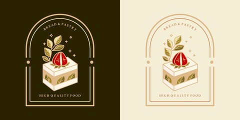 Hand drawn vintage cake, pastry, bakery logo, label, food product elements with strawberry, leaf branch and frame