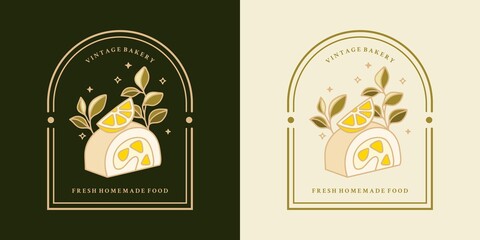 Hand drawn vintage lemon cake, pastry, bakery logo element with frame