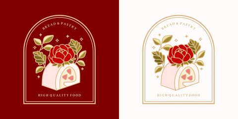 Hand drawn vintage strawberry cake, pastry, bakery logo element with rose flower and frame