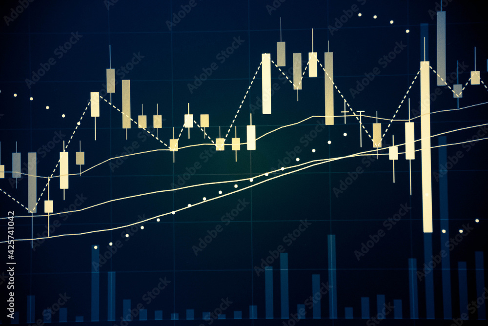 Poster stock market data on digital led display. fundamental and technical analysis with candle stick graph
