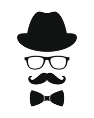 Hipster style graphic accessory set. Hat, glasses, mustache and bow tie signs isolated on white background. Vector illustration