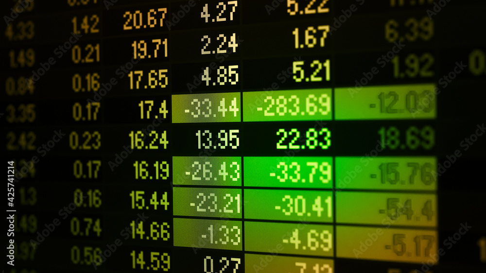 Poster stock market data on digital led display. fundamental and technical analysis with candle stick graph