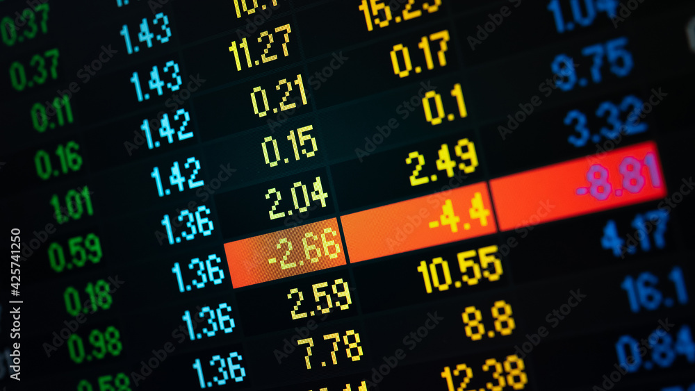 Poster stock market data on digital led display. fundamental and technical analysis with candle stick graph
