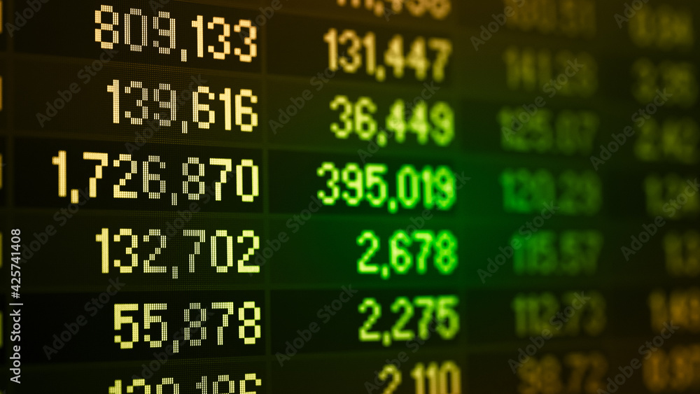 Poster stock market data on digital led display. fundamental and technical analysis with candle stick graph