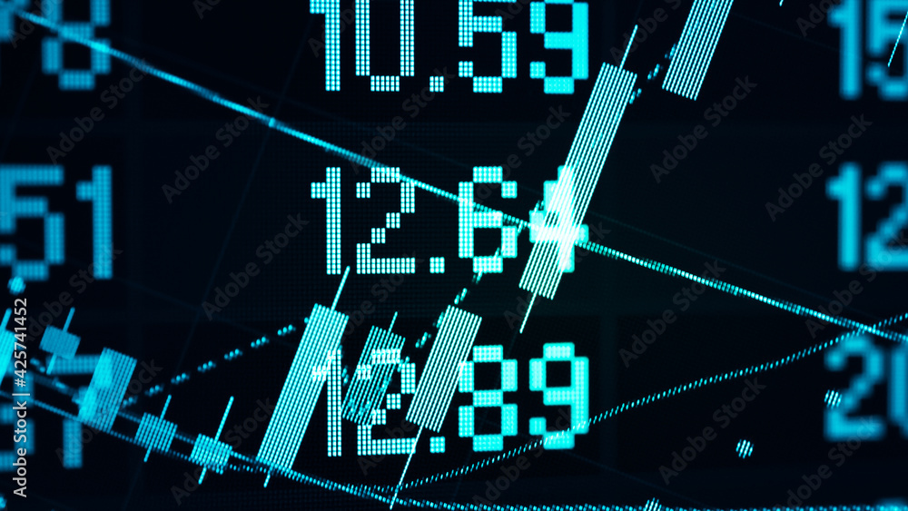 Poster stock market data on digital led display. fundamental and technical analysis with candle stick graph