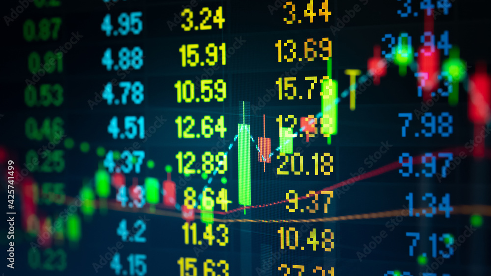 Poster stock market data on digital led display. fundamental and technical analysis with candle stick graph