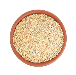 Bowl with quinoa on white background, top view