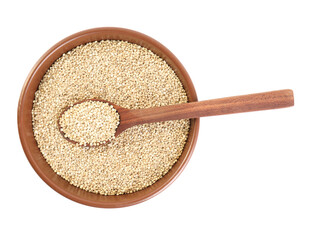 Bowl and spoon with quinoa on white background, top view