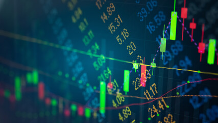 Financial data in term of a digital prices on LED display. A number of daily market price and quotation of prices chart to represent candle stick tracking in Forex trading.	
