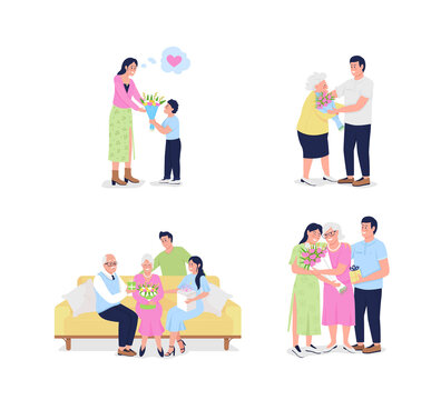 Mothers day flat color vector detailed character set. Adult children with mature parents. Family celebrate together isolated cartoon illustration for web graphic design and animation collection