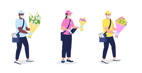 Couriers in mask and gloves with flowers flat color vector detailed character set. Safe delivery during pandemic isolated cartoon illustration for web graphic design and animation collection