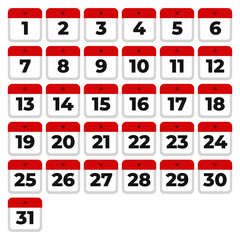 Set of flat vector calendar icons from 1 to 31 days