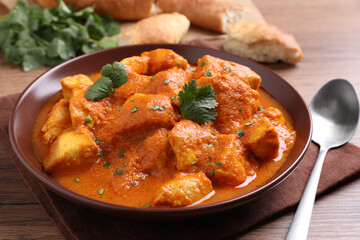 Bowl of delicious chicken curry on wooden table, closeup