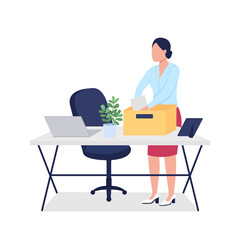 Obraz premium Fired woman collecting stuff flat color vector faceless character. Dismissed employee gathering stationery from work desk into box isolated cartoon illustration for web graphic design and animation