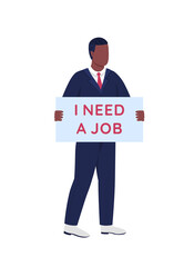Jobless african american man with cardboard sign flat color vector faceless character. Seek job. Unemployed professional manager isolated cartoon illustration for web graphic design and animation