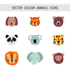 Watercolor animals icons dog cat bear panda koala tiger lion elefant monkey
