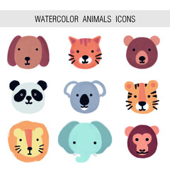 Watercolor animals icons dog cat bear panda koala tiger lion elefant monkey