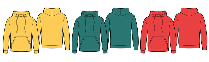 Set of Men's hoodies with kangaroo pocket on front, yellow, red, green colors