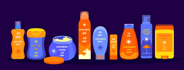Tubes and Bottles of Sunscreen Products Sunblocks with different SPF levels Protection.Set of anti-UV Cream,Lotion, Fluide,Spray and Stick. Colored flat vector illustration isolated on Dark background