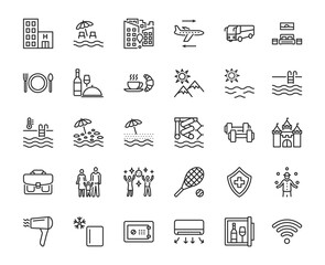 Travel agency flat line icon set. Vector illustration tourism service symbols included, flight, transfer, food, insurance. Editable strokes