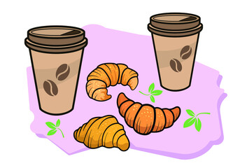 Coffee break.Vector image of croissants and coffee on a white background. Line drawing in color.