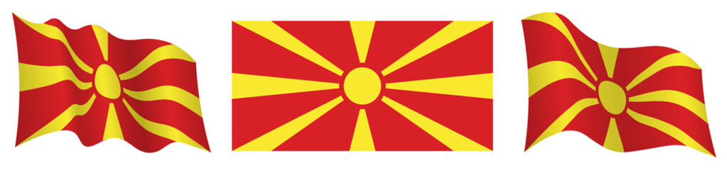 flag of North Macedonia in static position and in motion, fluttering in wind in exact colors and sizes, on white background
