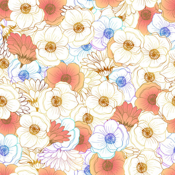 Childrens pattern. Dense floral background. Pink and beige with gold lines. Flowers texture. Illustration with vivid colors. © MARINA