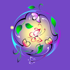 round pattern 2. decorative round ornament with flowers, leaves, butterflies and vignettes in colored lines on a lilac background