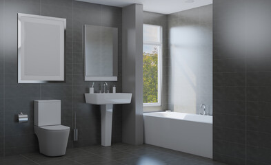 Fototapeta na wymiar Scandinavian bathroom, classic vintage interior design. 3D rendering. Blank paintings. Mockup.