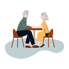 Obraz na płótnie Canvas Happy elderly couple sitting in a cafe. Old couple on date. Flat vector illustration.