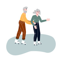 Elderly couple riding on rollers. Old man and woman roller skates. Active grandparents. Flat vector illustration.