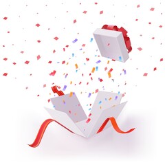 Opened surprise present box with confetti rain