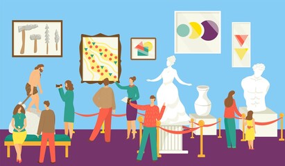 Museum exhibition, vector illustration. Man woman people character at art gallery look at culture artwork exposition. Cartoon visitor at excursion