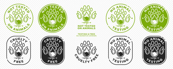 Concept for product packaging. Labeling - not tested on animals. Animal footprint icon with test drop and wings - symbol of freedom to test on animals. Vector set.