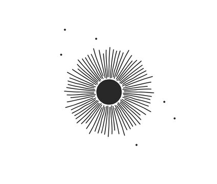 Hand drawn vector abstract stock flat graphic illustration with logo element of magic celestial sun silhouette art in simple style for branding,isolated on white background