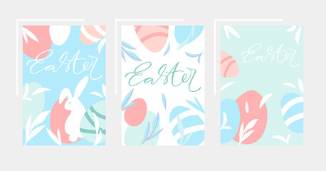 Fototapeta na wymiar Easter poster set with eggs, leaves and rabbit. Happy Easter designs with lettering in pastel colors. trendy poster collection