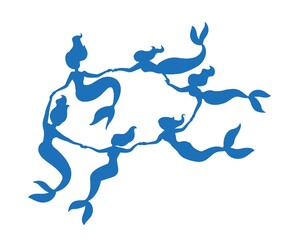 Mermaid fairy silhouette swimming in round